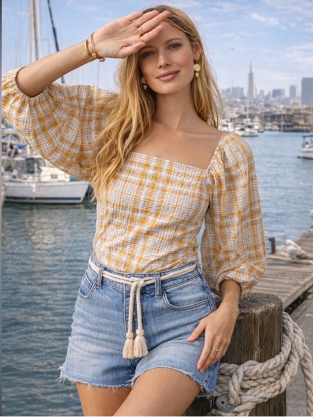Maeve Anthropologie Plaid Yellow Grey Smocked Square Neck Puff Sleeve Top